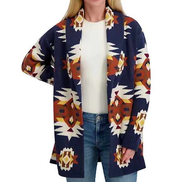 Lucky Brand Women's Southwest Shawl-Collar Navy Aztec Cardigan Medium - Picture 2 of 4